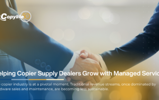 Two professionals shaking hands in a business setting, symbolizing partnership. Text overlay: 'Helping Copier Supply Dealers Grow with Managed Services.